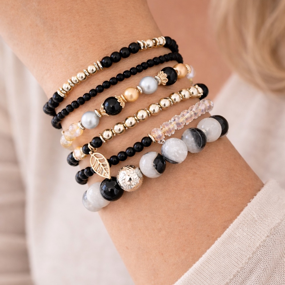 Set of 6 White & Black Agate Enhanced Glass Goldtone Beaded Stretch Bracelets